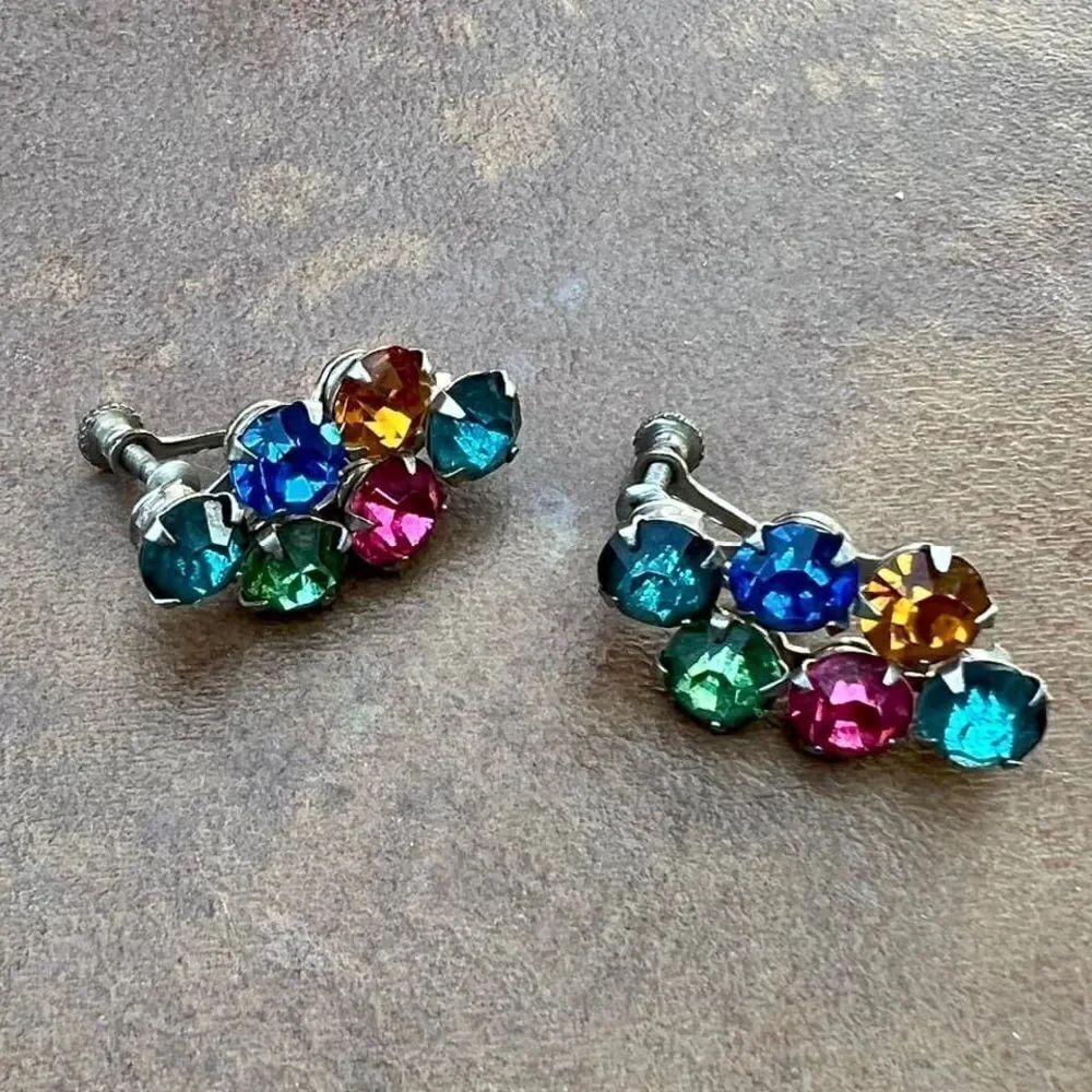 Super Fun 60s / 70s Rainbow Rhinestone Screw Back Earrings